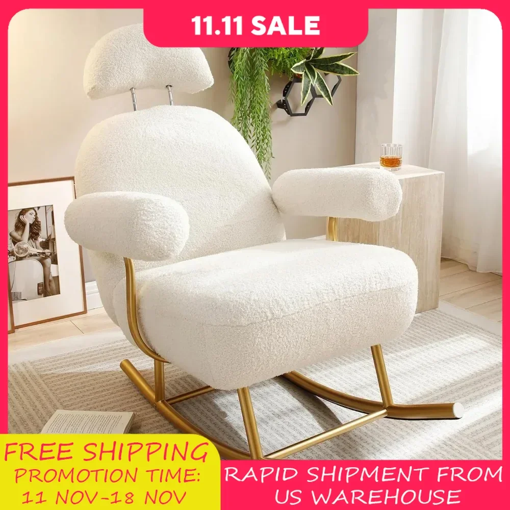 Rocking Chair, Modern Sherpa Upholstered Fabric Glider Rocker, Comfy Armchair with High Backrest, Leisure Sofa Chair