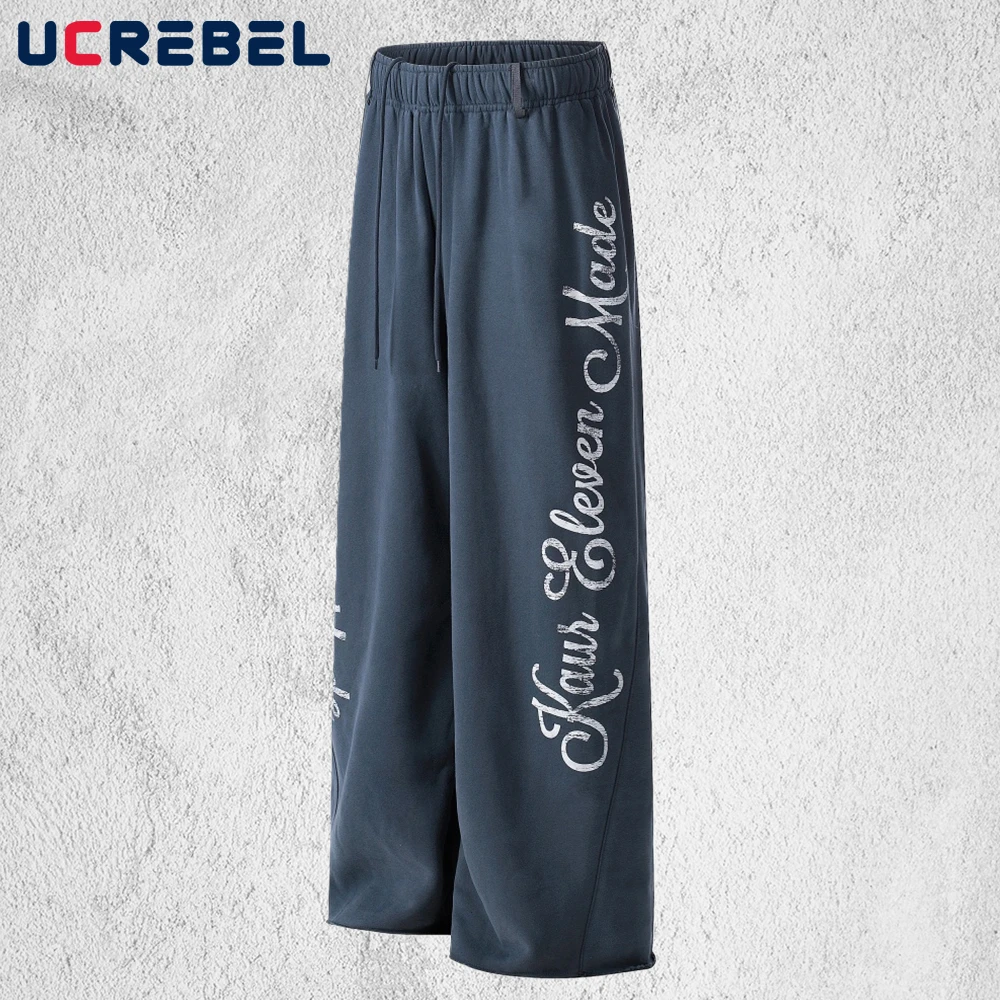 Letter Print Sweatpants Mens Spring Retro High Street Elastic Waist Spliced Straight Baggy Wide Leg Sports Pants Man