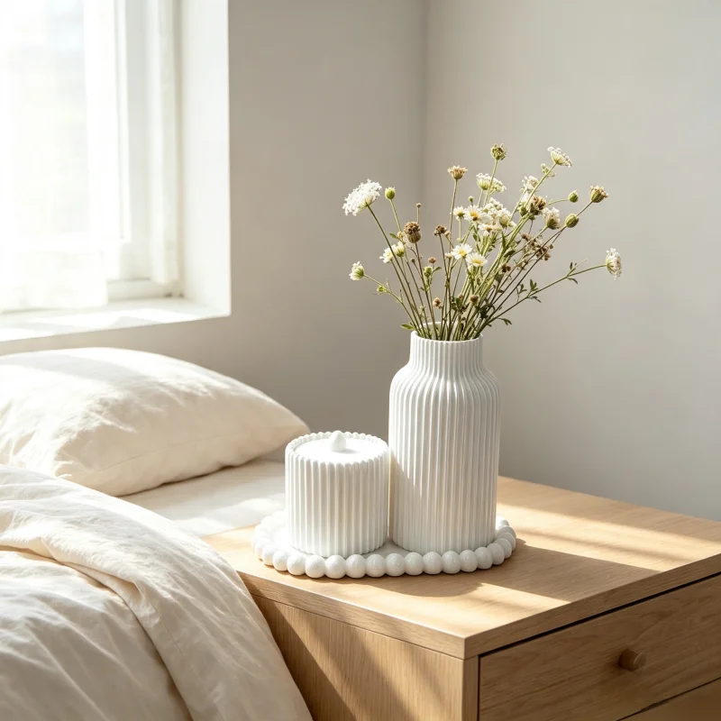 Vertical Striped Vase Storage Jar Set with Beaded Edge Tray, Decorative Dried Flower Vase Paired with Cotton Pad Storage Jar, Nordic Style White Bathroom Vanity Storage, Bedroom Vanity Tabletop Decoration