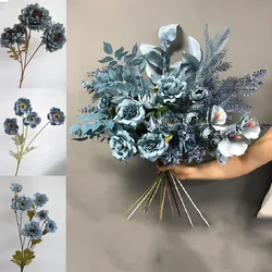 Waas Blauwe Kunstbloemen Pioenroos Nep Bloemen Eucalyptus Bladplanten Diy Woonkamer Interieur Tuin Bruiloft Decoratie