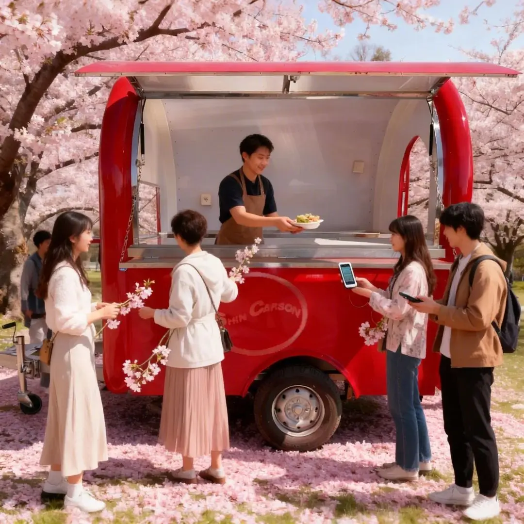 

Bright Red Outdoor Food Trailer with Rounded Design Sensation Street Food Stand Kettle Grill Camper Van Painted Mobile Kitchen