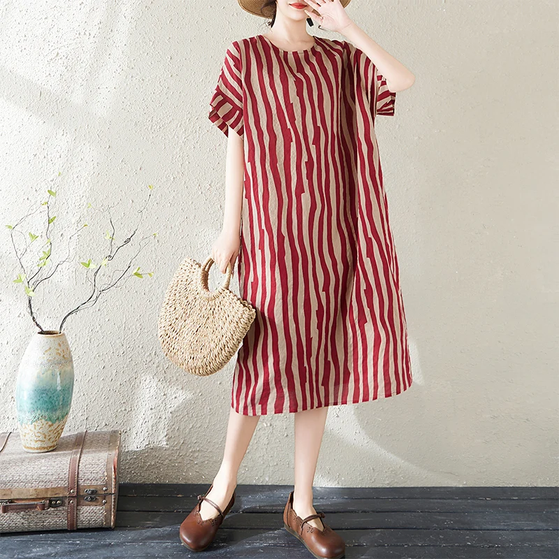 

Летнее тонкое хлопково-льняное платье миди с художественным принтом для женщин, с коротким рукавом, прямого кроя, для прогулок по городу, повседневное