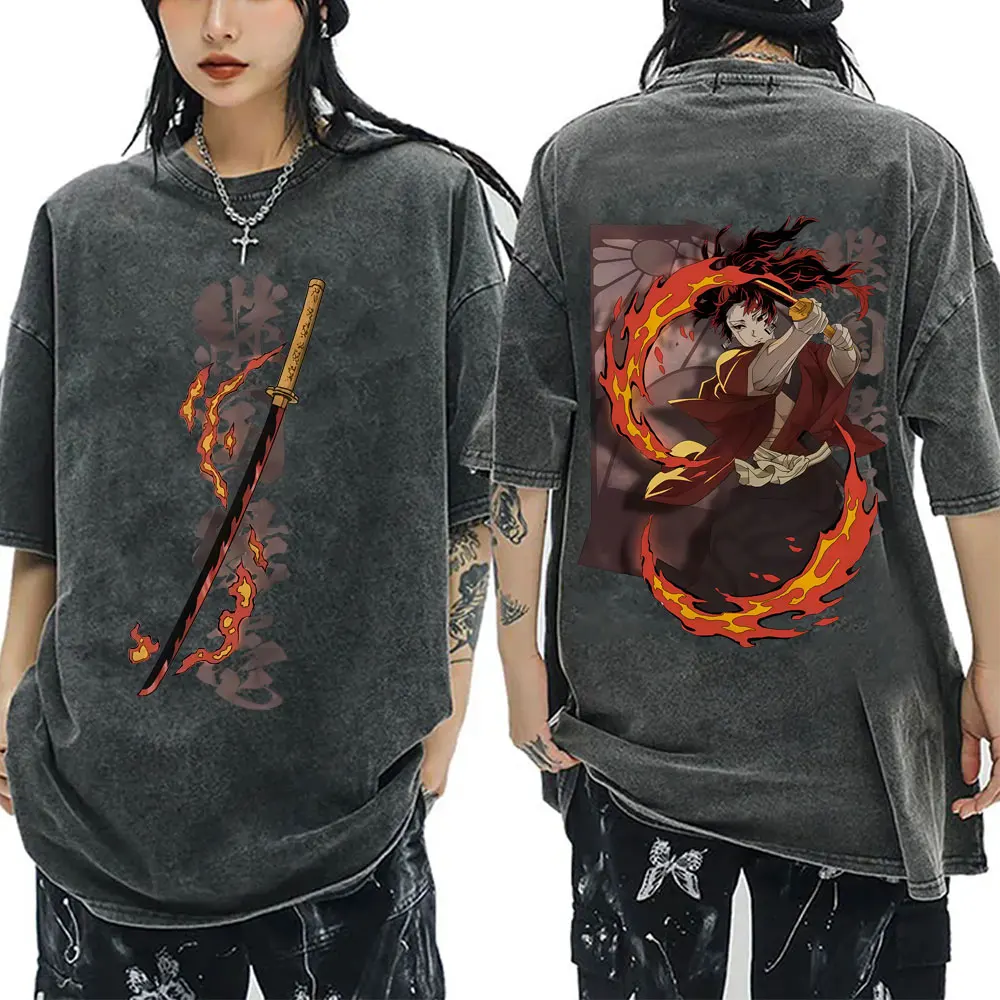 

Washed Vintage Anime Demon Slayer Tsugikuni Yoriichi Graphic T Shirt Men Women Fashion Oversized Streetwear 100% Cotton T-shirts