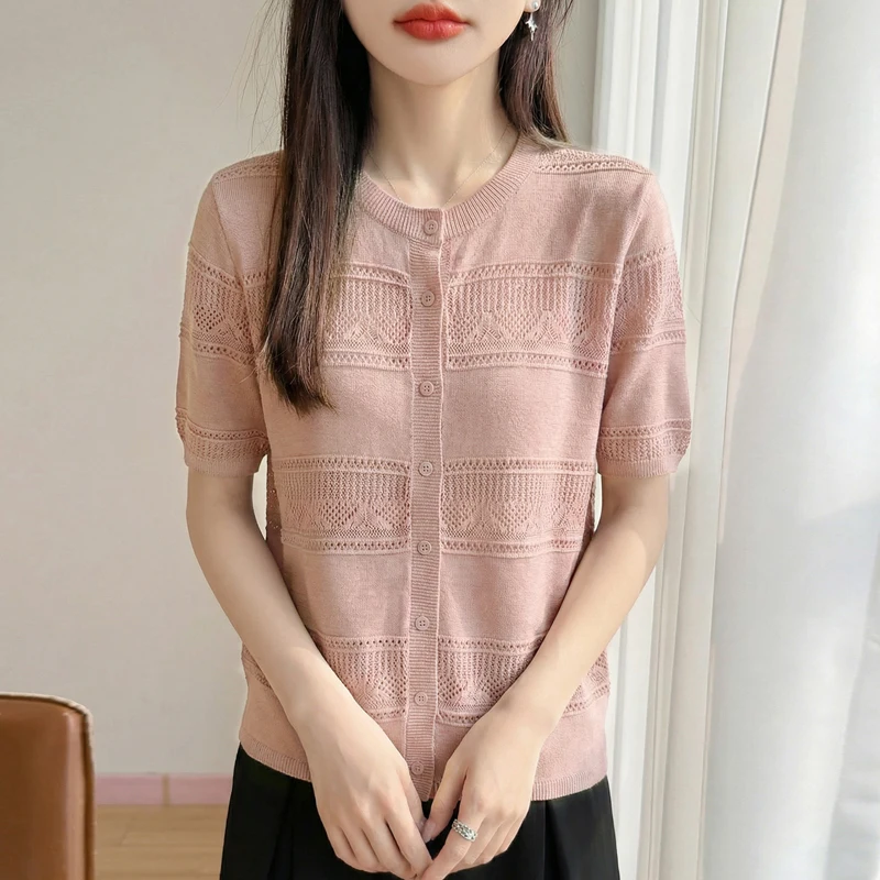 Summer New Loose Knitted Short Sleeve Open Cardigan T-Shirt Women's round Neck Hollow out Stylish Base Top Half Sleeve Thin