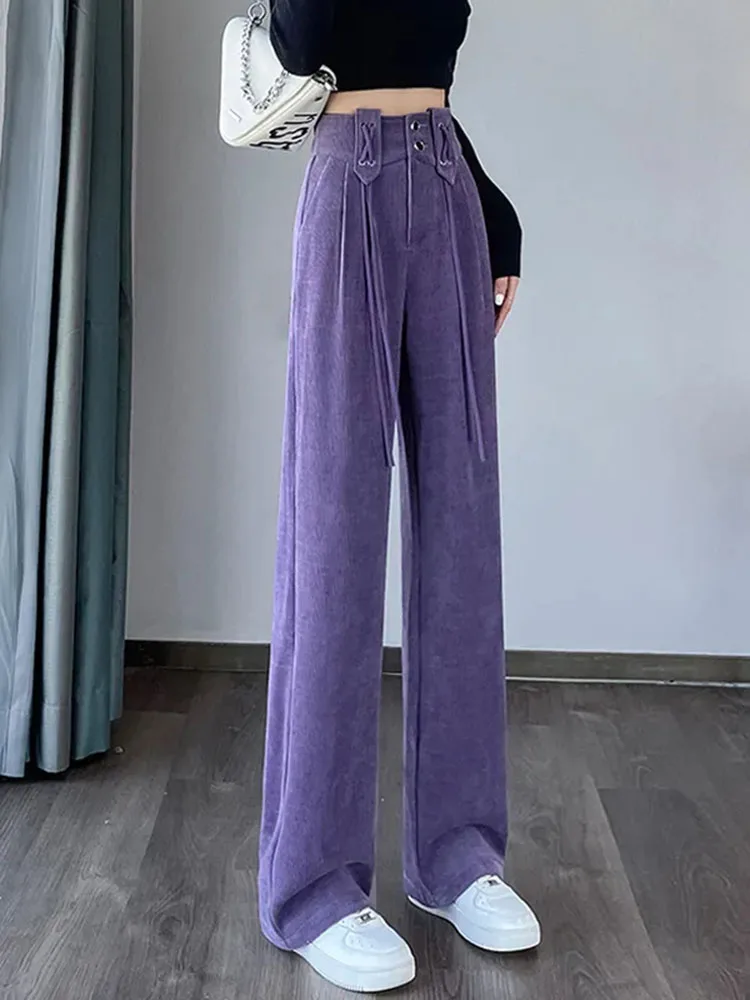 Warm Corduroy Womens Wide Leg Pants Vintage Thick Straight Pantalones Casual Lace-up Plush Velvet Lined Sweatpants Winter Baggy