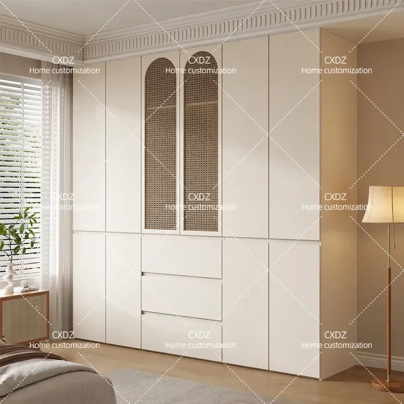 Solid Wood Oak Wardrobe Bedroom Household Segmented Storage Cabinet Cream Style Rattan Braided Free Handle Finished Closet