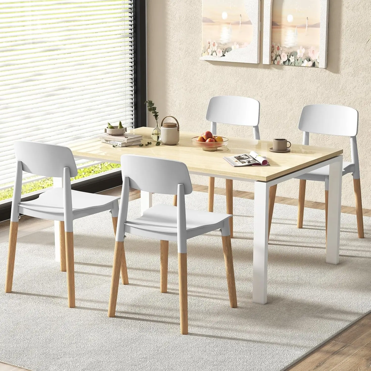 Houten eetkamerstoelen set van 4, moderne eetkamerstoelen set met ergonomische rugleuning, brede zitting en stevige houten poten