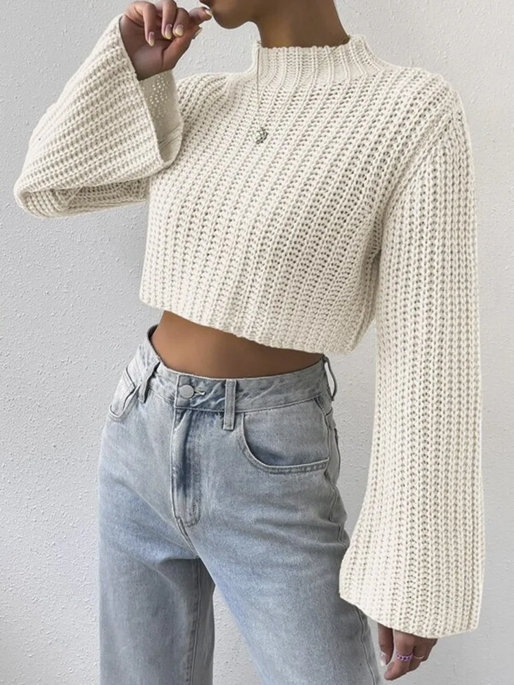 New Korean Style Solid Cropped Sweater Women Vintage Oversize Knit Jumper Fmale Autumn Long Sleeve O-neck Pullovers Tops