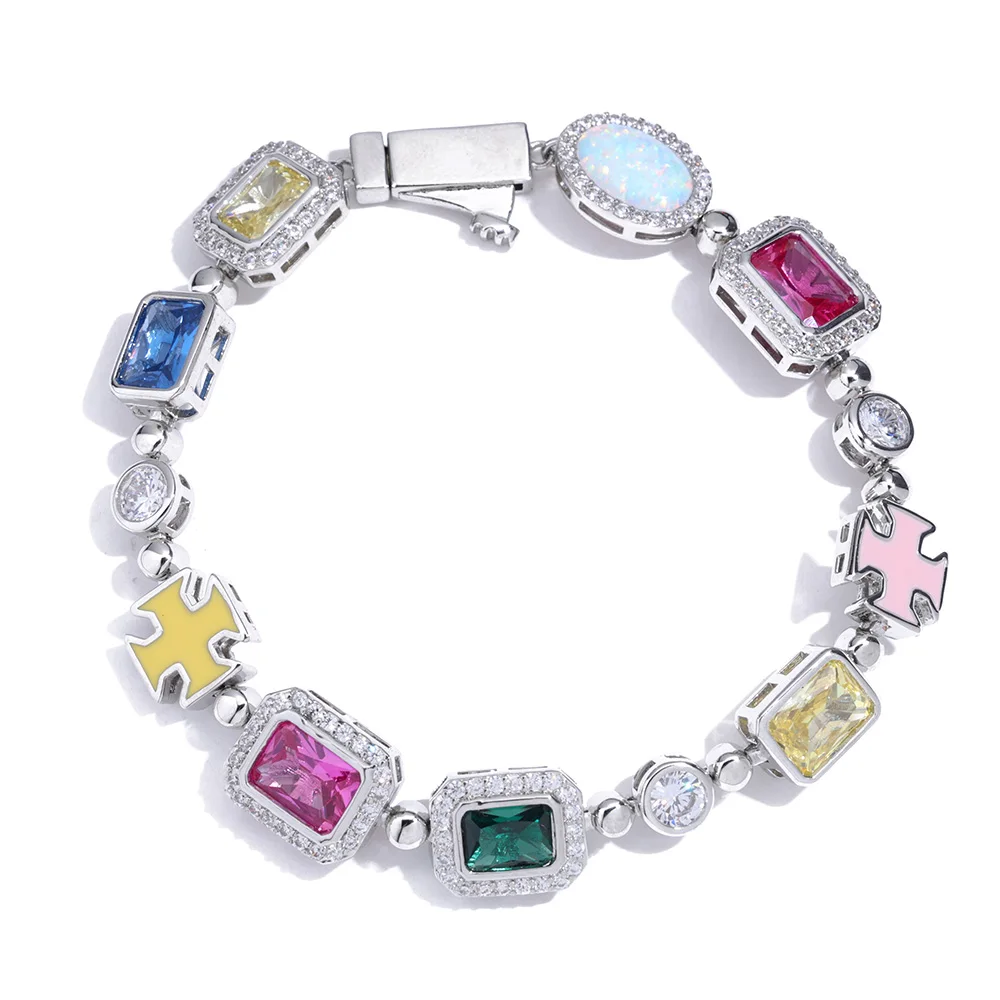 

Hip Hop Style 10mm Colorful Tennis Bracelet Sparkling Mixed Gemstone Cross Zircon Geometric Pattern Iced Opal Bracelet for Women