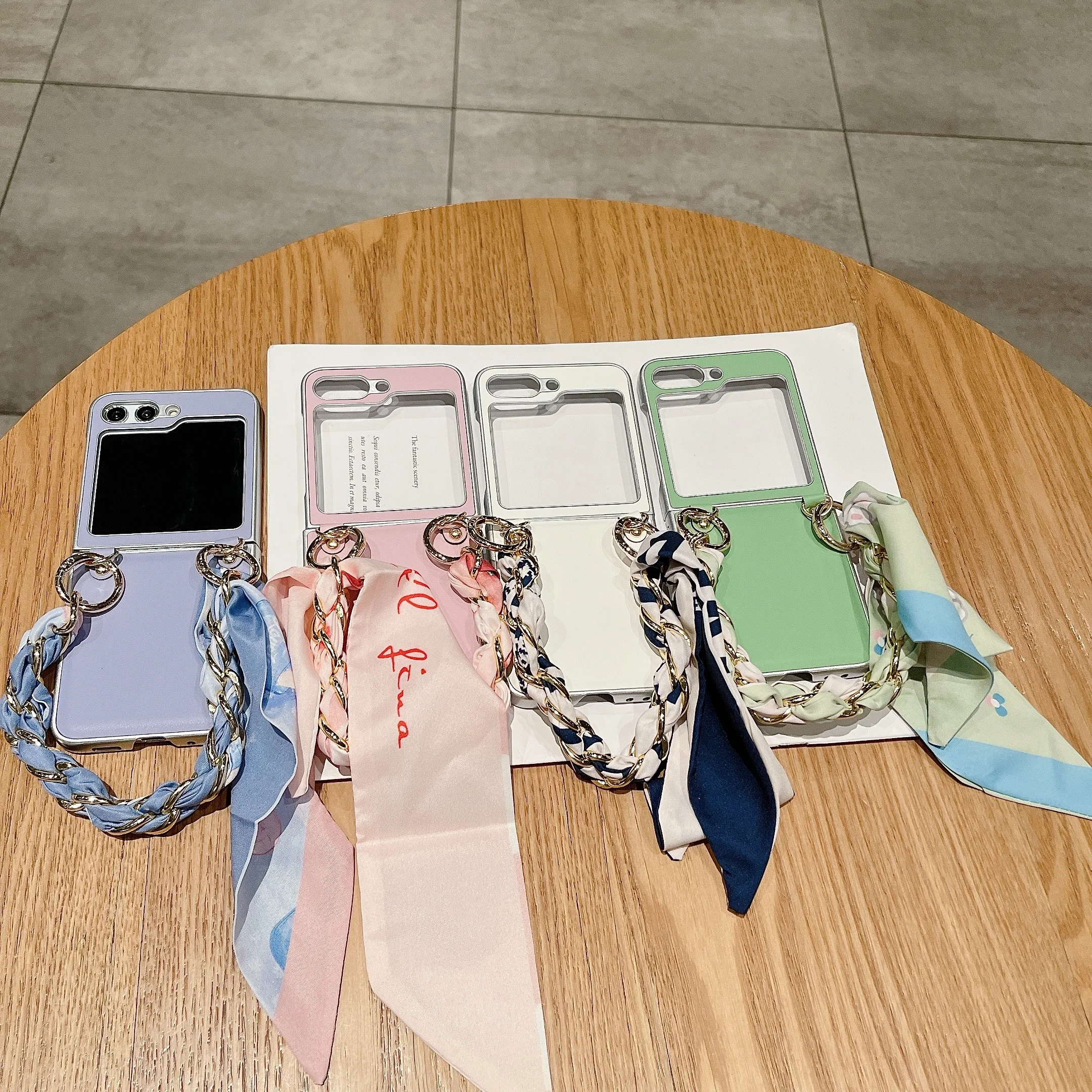 Scarf Bracelet Chain Morandi Pu Leather + Hard PC Shockproof Phone Case For Samsung Galaxy Z Flip 5 4 3 Back Cover