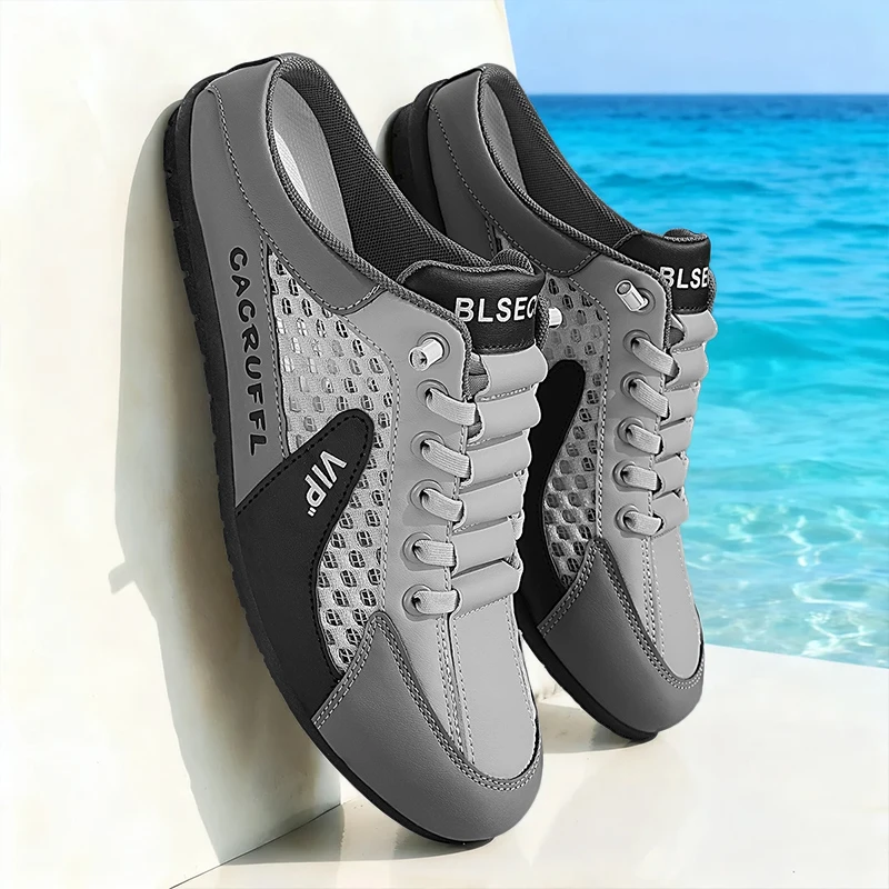 Men's Breathable Mesh Mule Sneakers Summer Slip On Half Slippers Non Slip Driving Shoes Outdoor Casual Backless Loafers