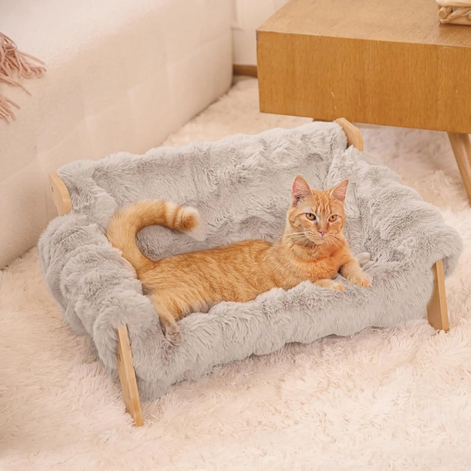

Elevated Cat Couch Bed, Wooden Cat Sofa with Removable Washable Cover, Raised Kitty Lounge Chair, Khaki-Light Gray