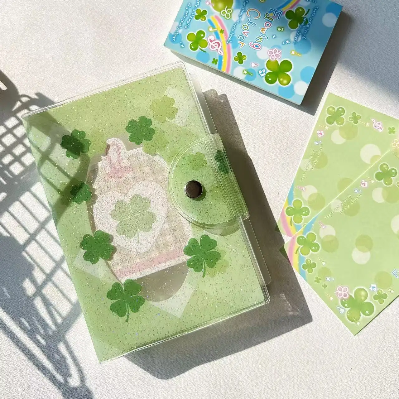 Girl's Heart Lucky Four-Leaf Clover A7 Sparkling Press-Button Spiral Notebook with 6 Holes and Single Strap PVC Cover