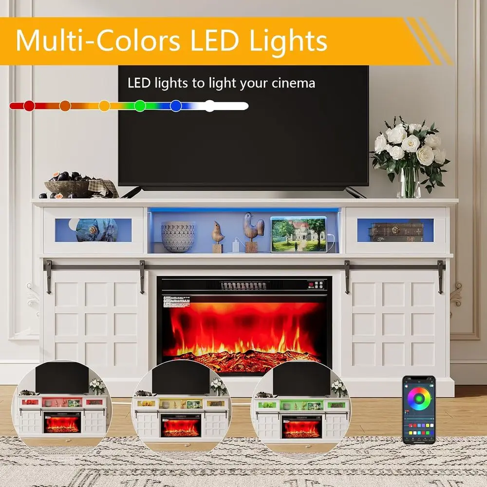 70 مركز ترفيه أبيض ريفي مع أضواء LED ومنافذ طاقة وباب منزلق لـ 80 تلفزيونًا #4