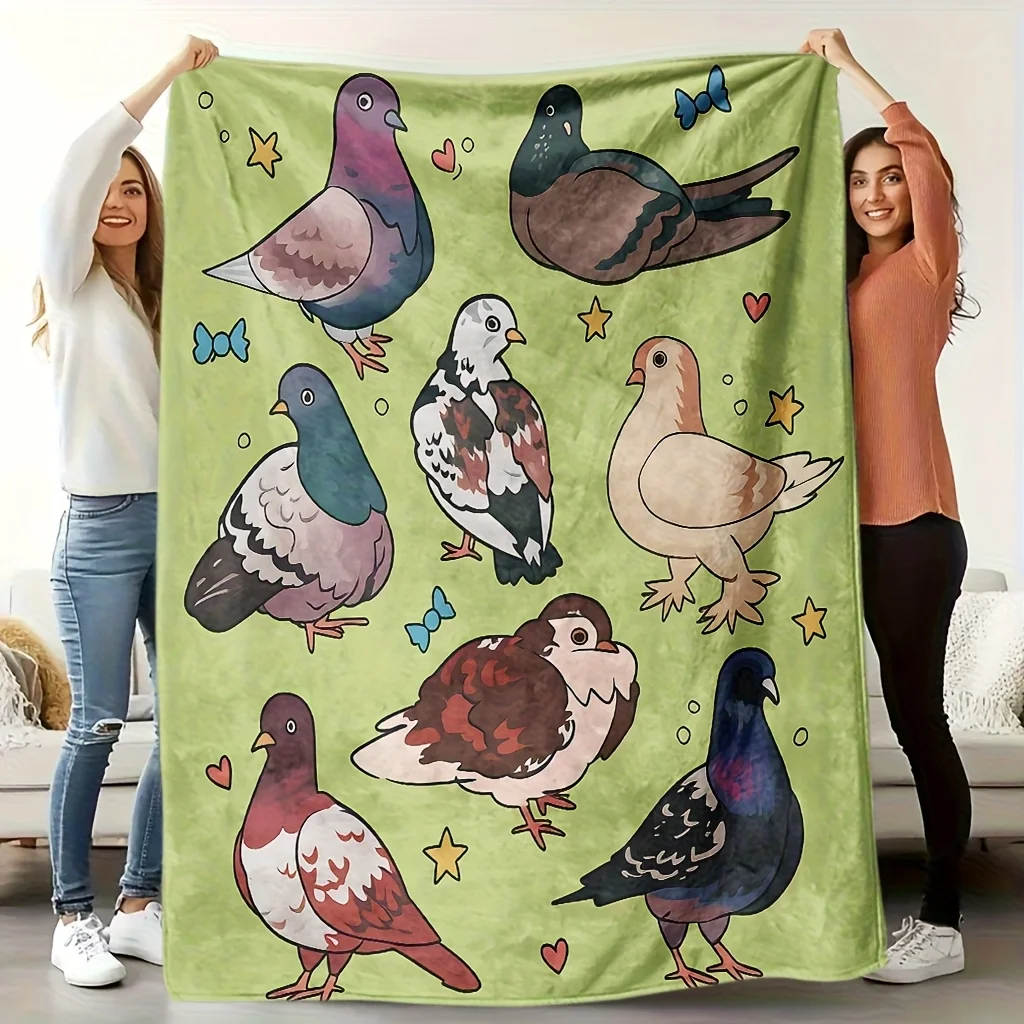 Bohemian Bird Print Quilted Blanket - Soft Cooling Bedspread with Pigeon & Green Background Design,  Polyester All-Season