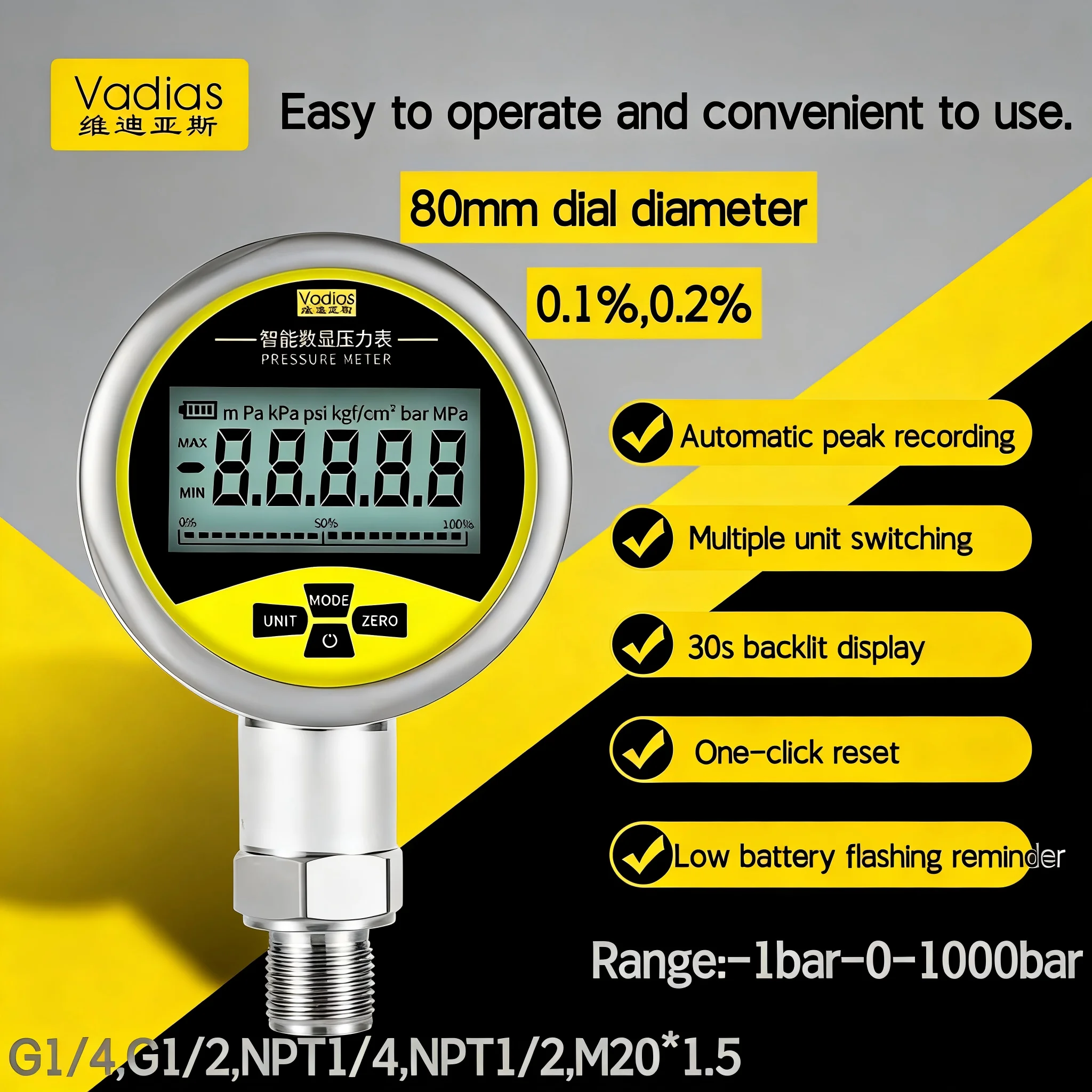 

-0,1-60 МПа Цифровой манометр 40D0bar Манометр 80 мм Манометр M20*1,5 0,2% SS304 Цифровой манометр