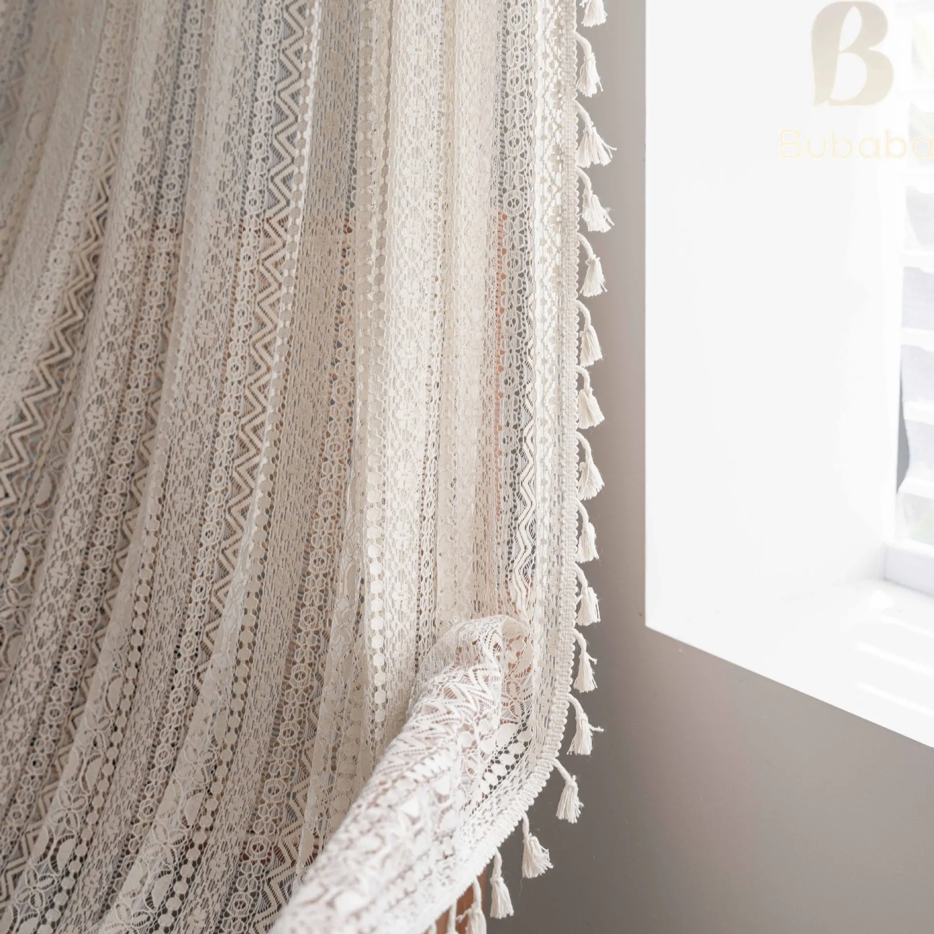 White Tulle Lace Tassels Curtains Geometry Striped Knitted Light Filtering Curtain for Kitchen Bedroom Living Room Bay Window