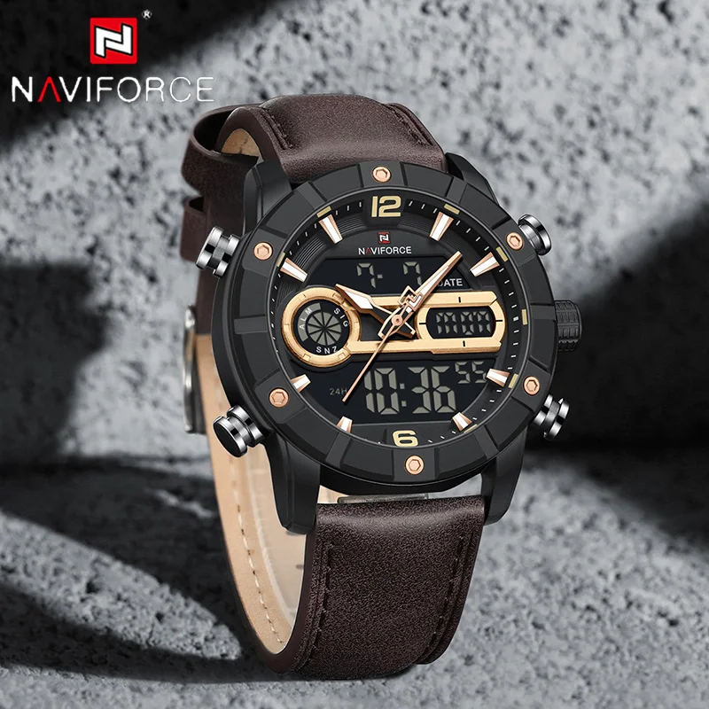 NAVIFORCE New 9263 Men Watch Genuine Leather Strap Chronograph Alarm Waterproof Luminous Double Display Genuine Man Sports Watch