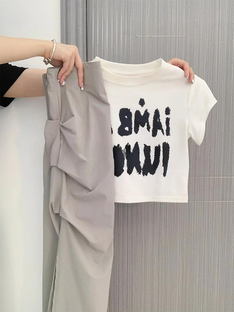 Summer New Pure Desire Style Women's Fashion Set Short Letter Print T-shirt High Waist Half Body Skirt Two-piece Set