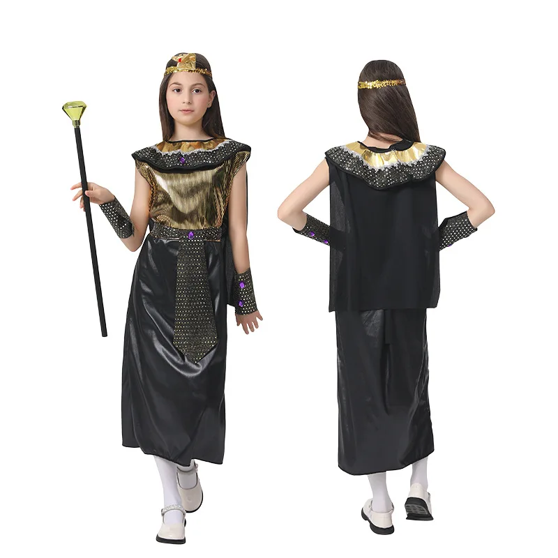 زي الأميرة المصرية كليوباترا للفتيات من عمر 6 إلى 12 سنة للأطفال فستان طويل من الذهب الأسود Umorden