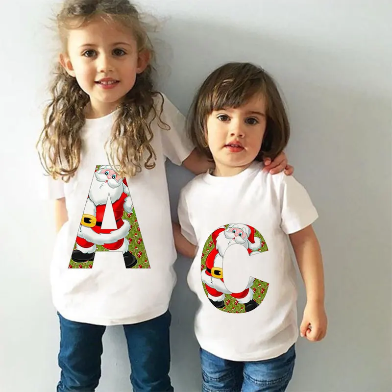 Crianças de manga curta cartoon Natal letras t-shirt, roupa de bebê, menina, meninos, novo