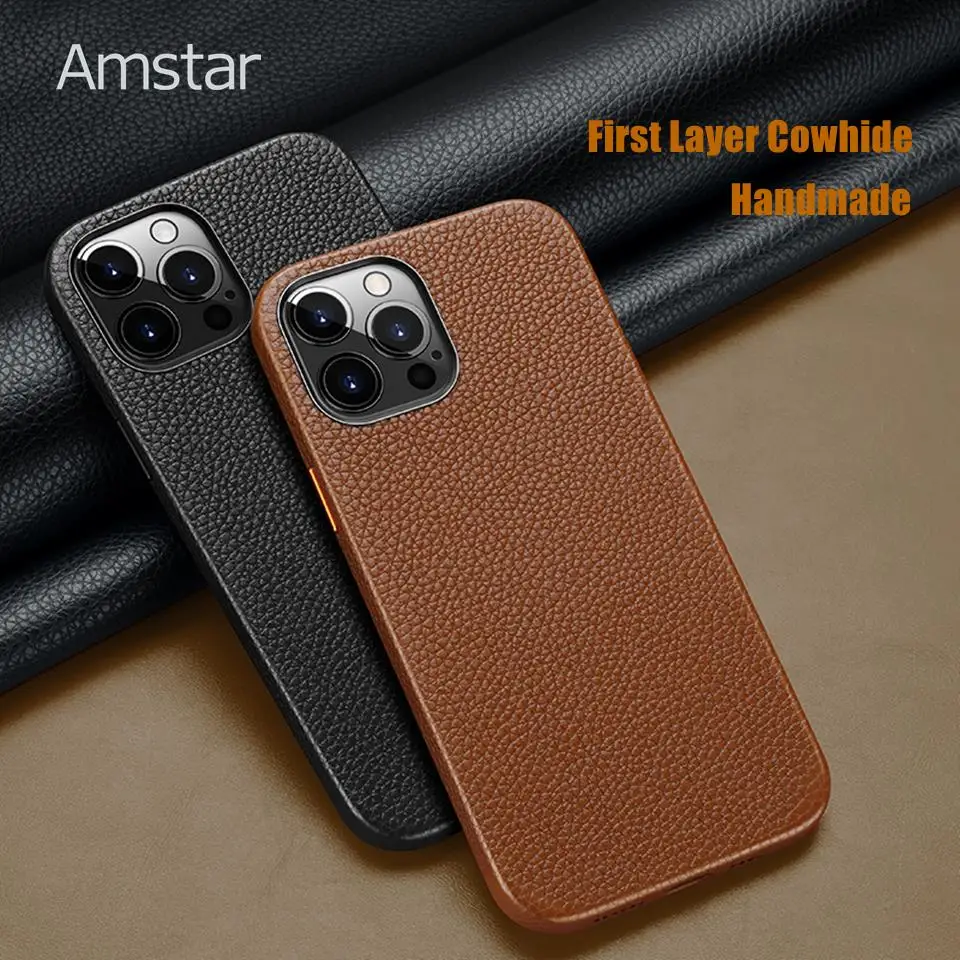 Amstar Natural Cowhide Leather Magnetic Phone Case for iPhone 14 13 12 Pro Max 14 Plus Luxury Pure Cowhide Leather Cases Cover