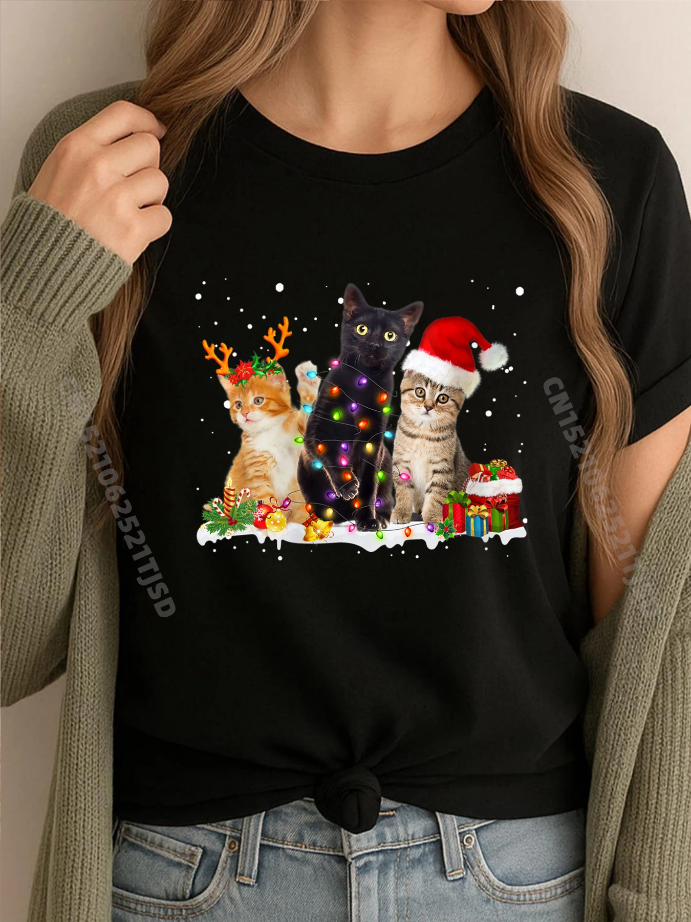 

Womens Santa Cat Light Gorgeous Reindeer Pajama Christmas Cat Lover Graphic T Shirts Woman Oversized Clothing Cinco de Mayo