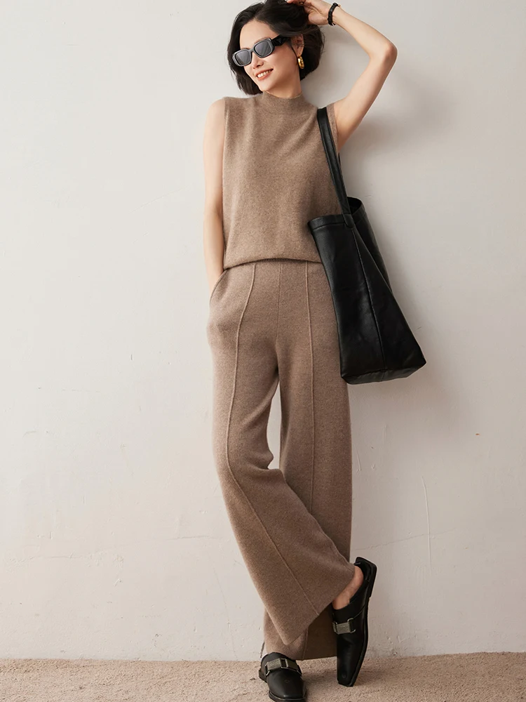 Hohe Taille, elastische Taille, Damen-Hose mit weitem Bein, Herbst-Winter, bequeme Strickhose aus 100 % Kaschmir, Grace-Freizeithose