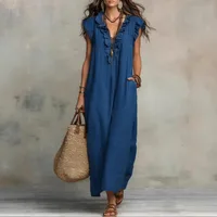 Women's Retro Bohemian Ruffle Linen Maxi Dress, Ruffle V-Neck Sleeveless Loose Summer Dress with Pockets, Summer Casual High-Waist Loose Beach Maxi Dress, Sunny Dress with Flutter Sleeves and Floor-Length Skirt - Image 8