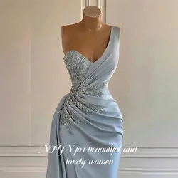 NFYN Dusty Blue Beaded Stain Formal Dress One Shoulder Mermaid Prom Night Dress Pleat Evening Gown with High Split Customized