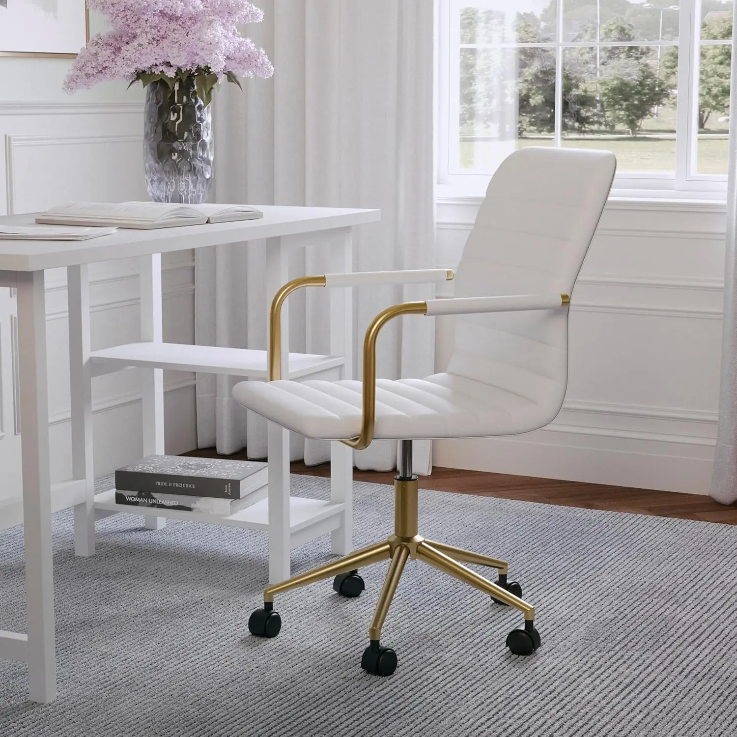 White Faux Leather Swivel Task Chair with Polished Brass Frame for Home Office, Armrests Included