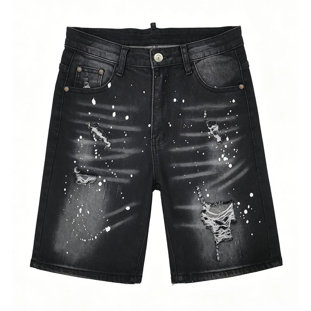 Vintage Stretch Ripped Jean Shorts Men Jorts Summer Black Distressed Ink Paint Holes Knee Length Casual Denim Shorts Streetwear