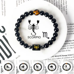 12 Constellations Scorpio Bracelet Natural Stone Tiger Eye Beads Bracelets for Men Women Cancer Virgo Leo Libra Couple Jewelry