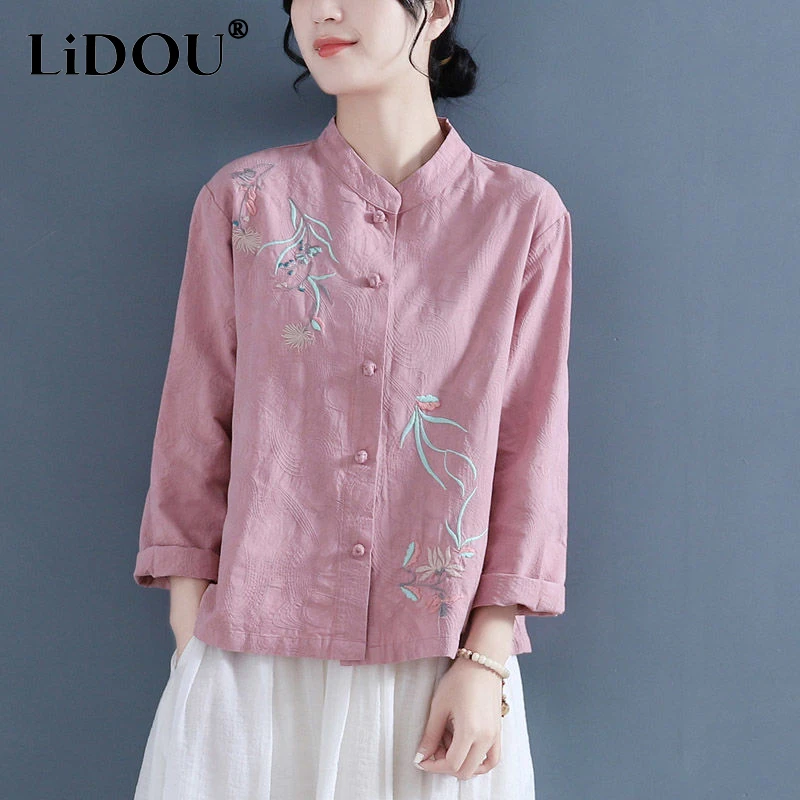 Spring Summer Embroidered O Neck Cotton Long Sleeve Blouses New Vintage Solid Color Loose Shirt Women Button All-match Cardigan