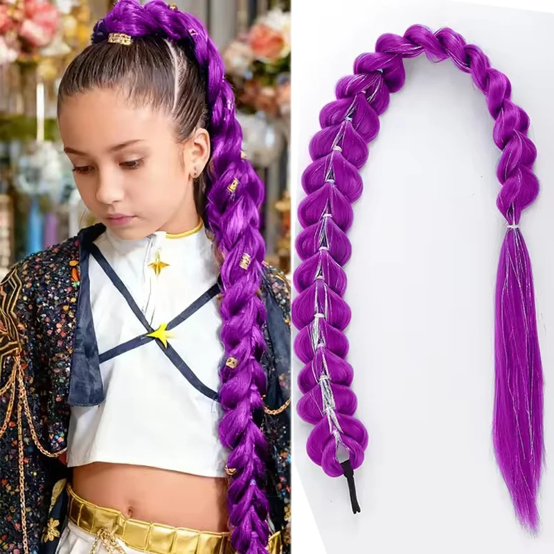 

32-дюймовый синтетический плетеный фиолетовый хвост с мишурой, супер длинные наращивания, блестящие волосы с мишурой для детей, парик для вечеринок