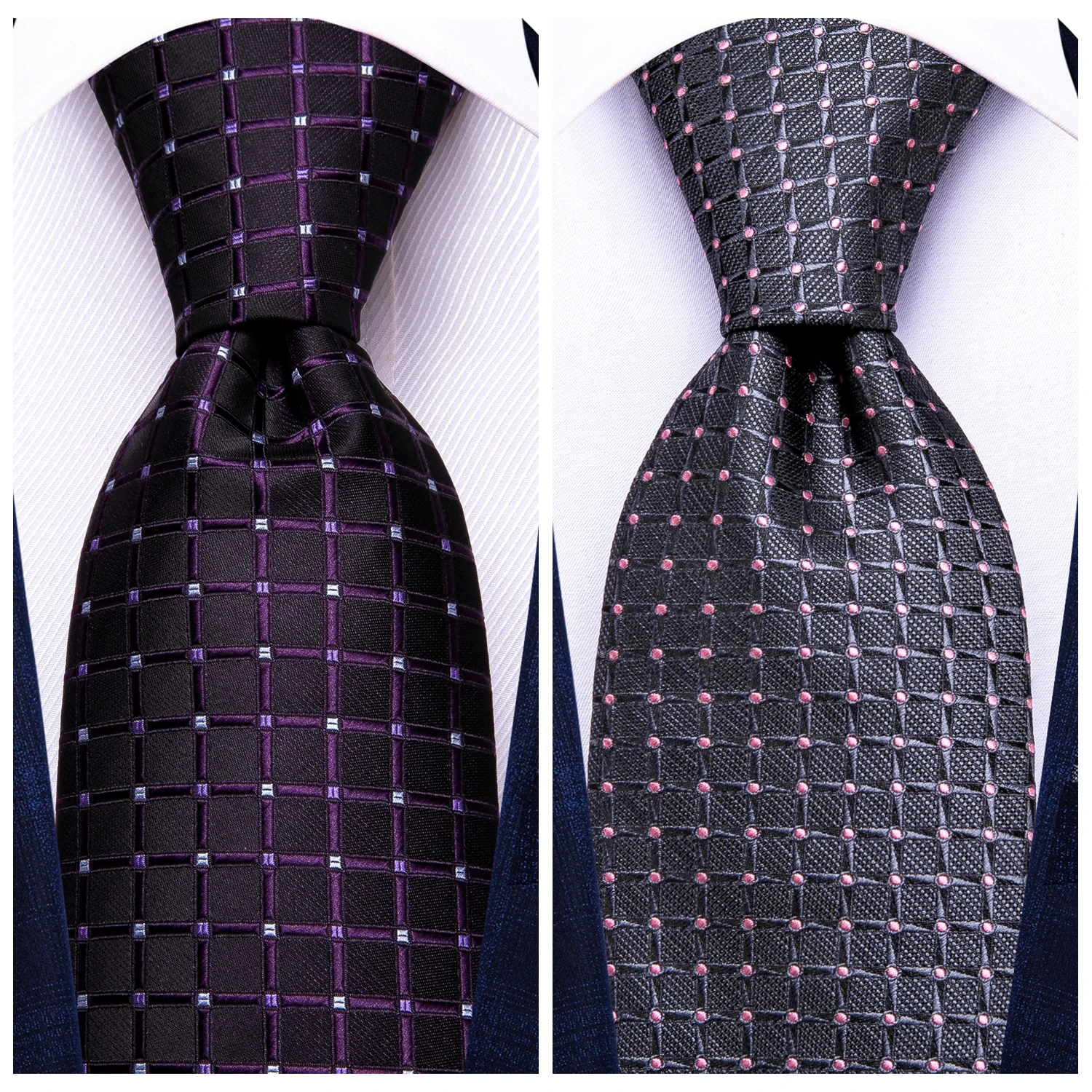 Hi-Tie Plaid Dots Purple Grey Mens Elegant Necktie Handkerchief Cufflinks for Tuxedo Fashion Classic Silk Luxury Tie for Man