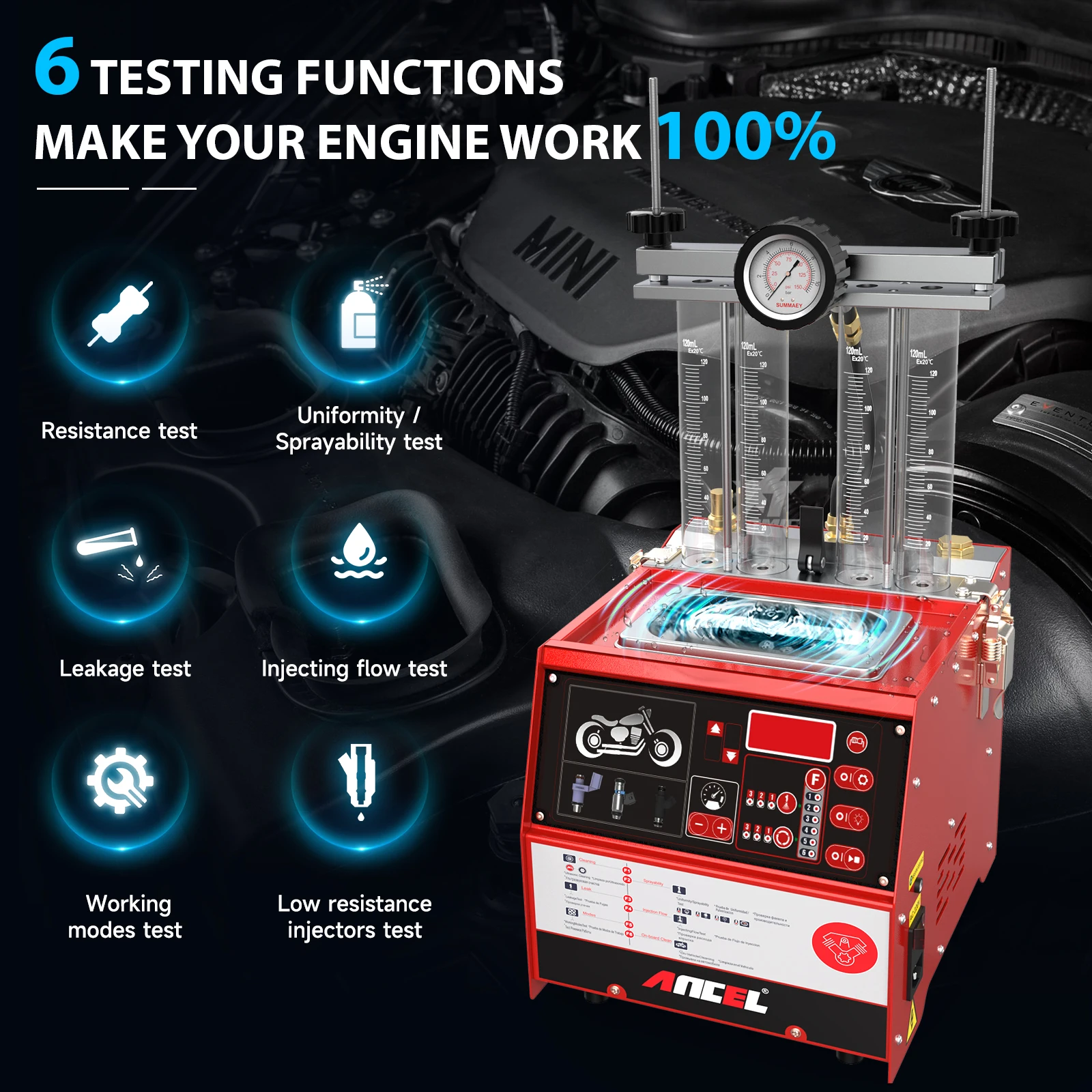 ANCEL AJ400 M Original Motor Fuel Injector Tester Cleaning Machine Motorcycle Fuel Injector Tester Ultrasonic Cleaner 4 Cylinder