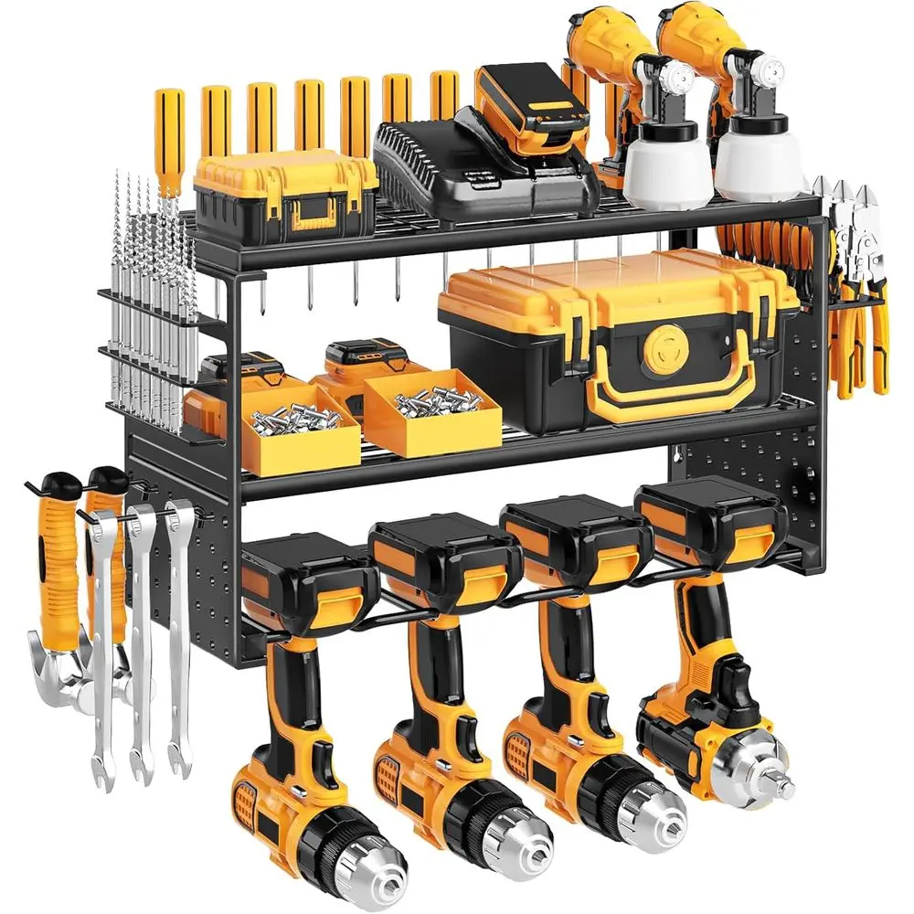 

Настенный органайзер для электроинструментов, усиленный, выдерживает нагрузку до 150 фунтов, с 4 держателями для дрелей, 3-уровневая полка для хранения в гараже