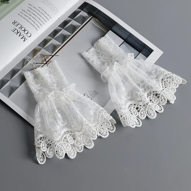 Summer Fake Cuff Sleeve Women Lace Floral Pleated Ruffled False Cuffs Decor Female Sweater Blouse Wrist Organ Lolita Fake Sleeve