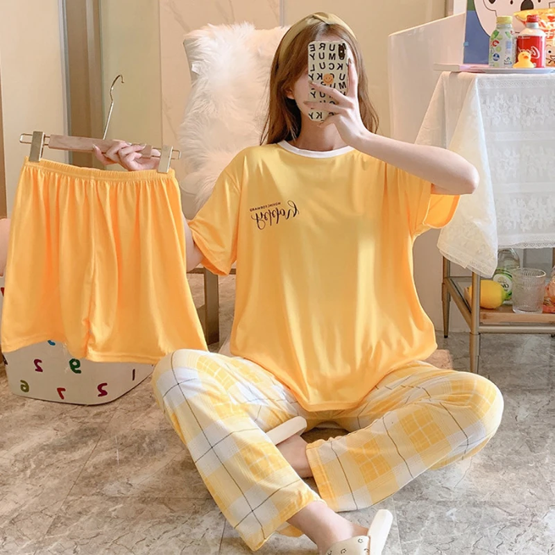 3 Sets Of New Summer Women\'s Pajamas Set Of Short-Sleeved Long Pants Casual Girls Homewear Sets Teenage Homewear