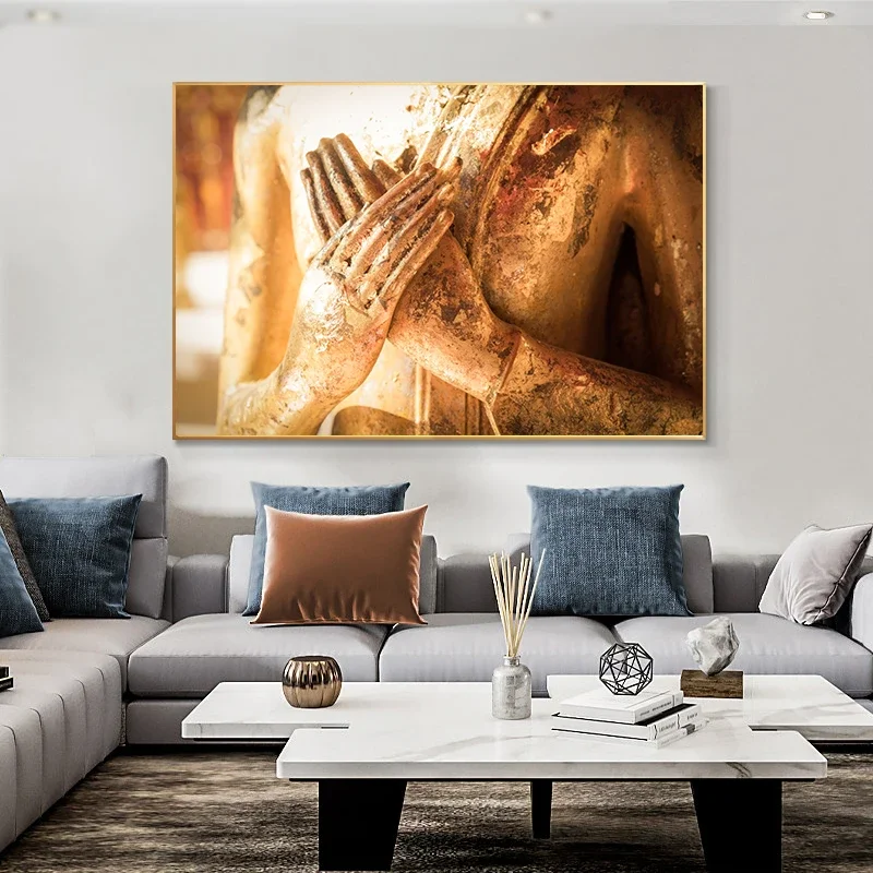 Golden Buddha Statue Wall Art Canvas Print Close Up Hand of Buddha Canvas Art Paintings on The Wall Buddhism Pictures Home Decor