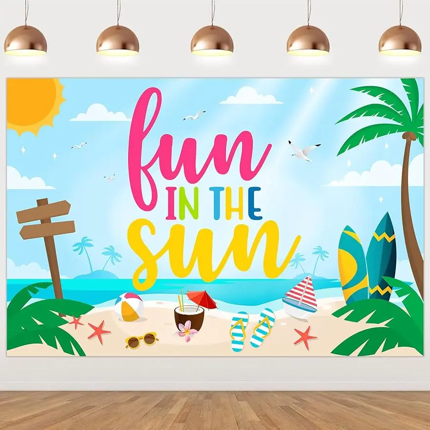 

Fun in The Sun Birthday Backdrop Banner Summer Beach Ball Party Decor Surfing Beach for Pool Hawaiian Themed Baby Shower Party