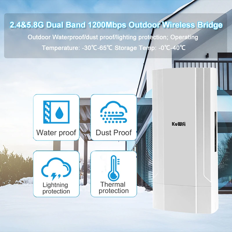 KuWFi 1200Mbps WiFi Repeater 2Pack Outdoor 2.4&5.8G Wi fi Router 5KM Point to Point Wireless Bridge High Power WIFI Extender