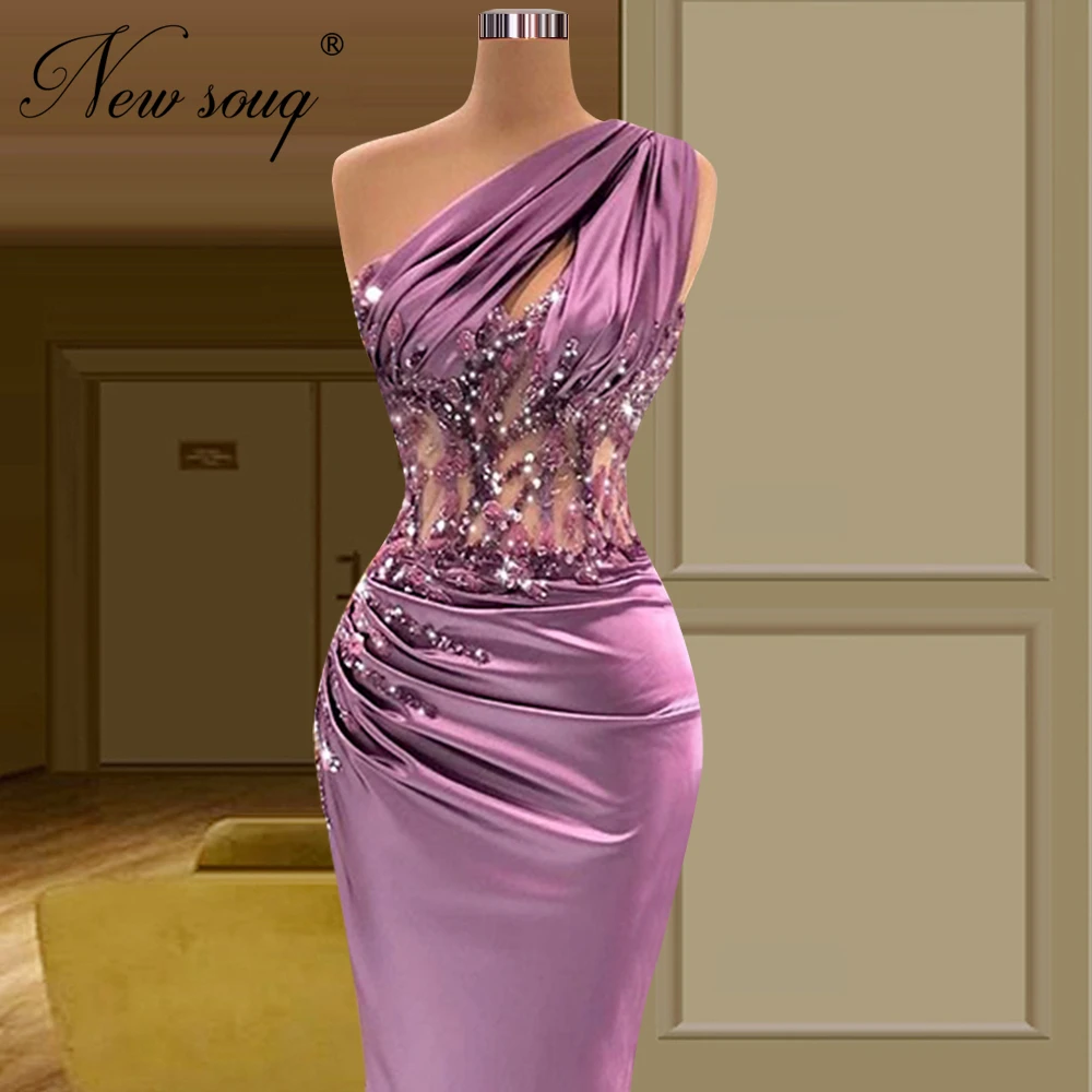 Dubai Ontwerp Paars Mermaid Prom Dresses Een Schouder Lange Kralen Celebrity Avondjurken Arabisch Satin Vrouwen Wedding Party Dress