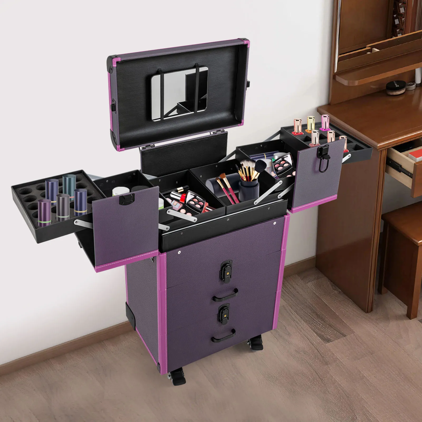 

Rolling Makeup Case, Lockable Portable Cosmetic Organizer Trolley, Large Make up Cosmetic Orgainzer