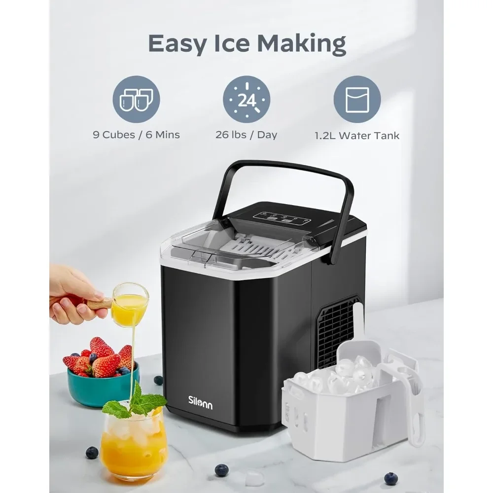 

Ice Maker Countertop, Portable Ice Machine with Carry Handle, Self-Cleaning Ice Makers with Basket and Scoop, 9 Cubes in 6 Mins