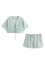 KAOPU ZA Women with ties patch pocket printed shirt or drawstring high waist side pocket shorts two pieces sets mujer