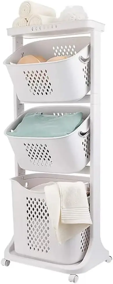 

Rolling Laundry Hamper Cart with Wheels, 3 Tier White Laundry Baskets, Clothes Hamper with Portable Storage Baskets for Kitchens
