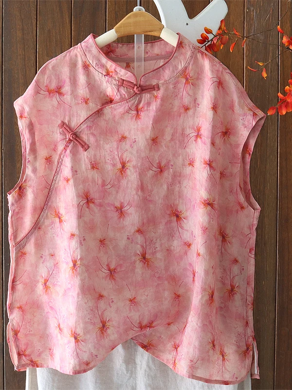 

Тонкий льняной топ с художественным азелем и цветочным принтом, большой размер, женский универсальный летний топ с наклонными пуговицами и воротником-стойкой