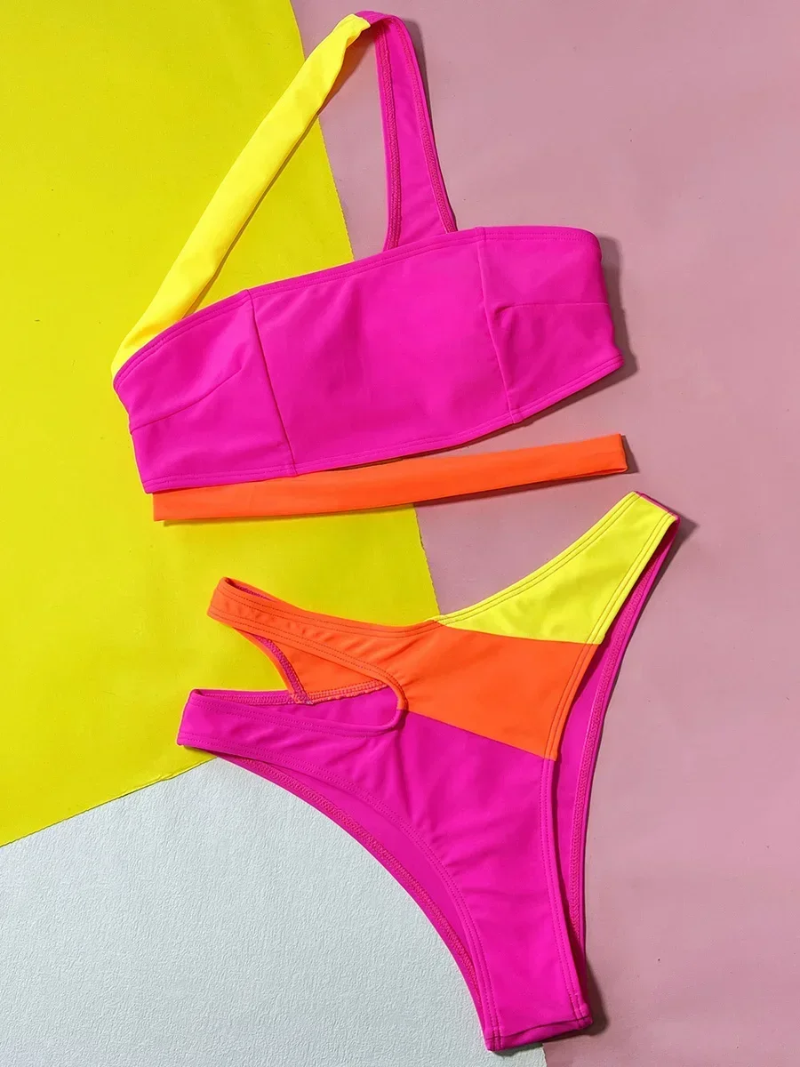 Splicing Asymmetric One Shoulder Bikini Women Swimsuit Female Swimwear Two-pieces Bikini Set Bandeau Bather Bathing Suit Swim